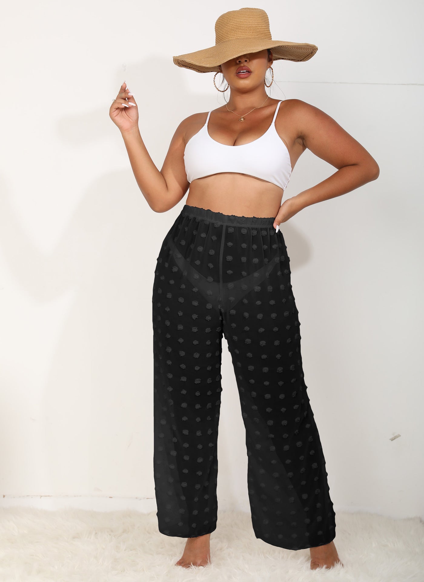 Pants Plus Size Women Clothing Sexy See through Three Dimensional Chiffon Beach Pants Wide Leg Pants Straight Leg Pants Casual Pants