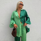 Spring Summer Satin Colorblock Oversized Shirt Casual Straight Pants Two-Piece Set
