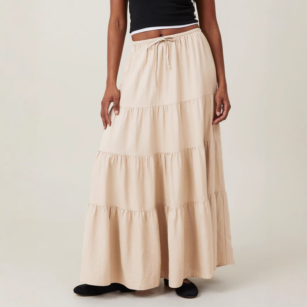 Cotton High Waist Elastic Lace Up Large Swing Loose Skirt