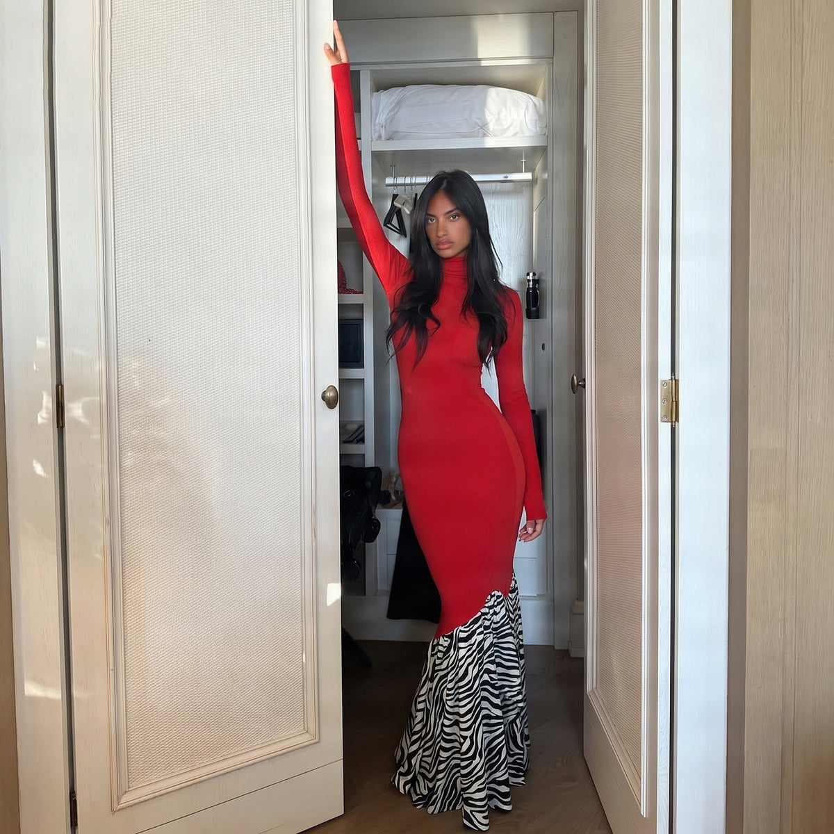Women's Red Zebra-Print Turtleneck Mini Dress