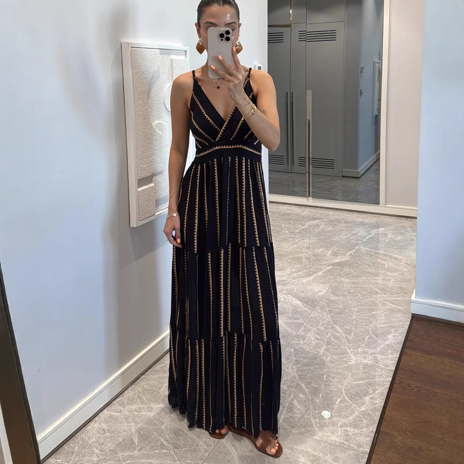 Geometric Abstract Printed V-Neck Pleated Expansion Dress Vacation Maxi