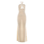 Apricot backless halter maxi dress, rhinestone chain at halter and open back
