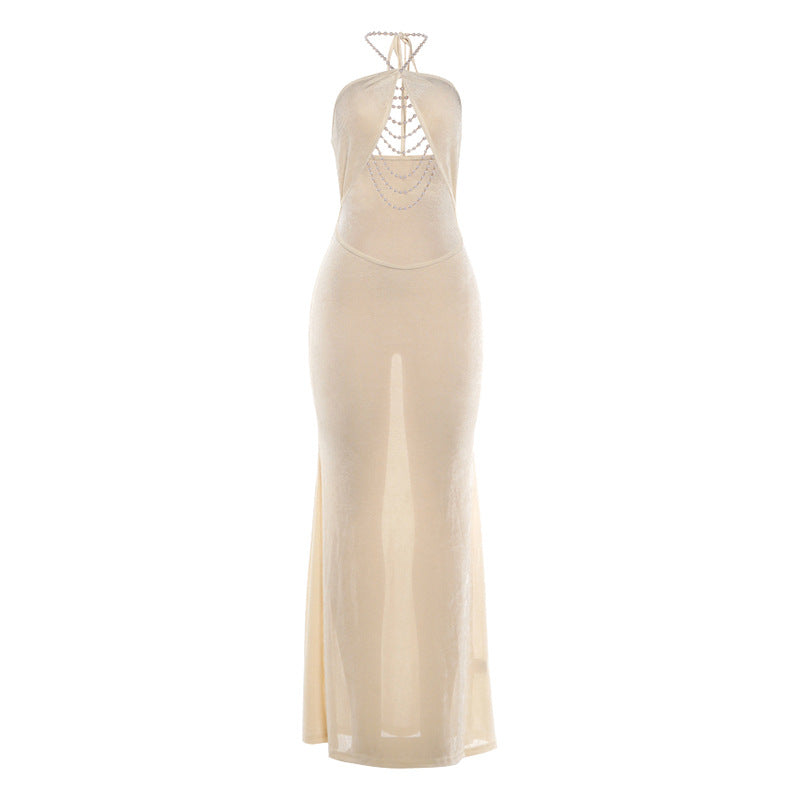 Apricot backless halter maxi dress, rhinestone chain at halter and open back