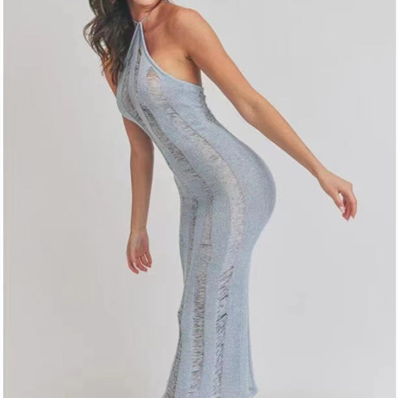 Sleeveless See Through Halter Cut Out Maxi Knitted Sling Dress