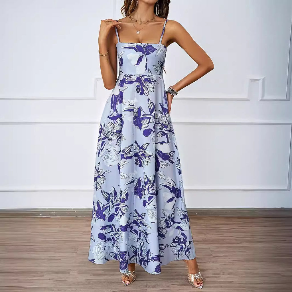 Summer Casual Sleeveless Sexy Strap High Waist Floral Print Dress