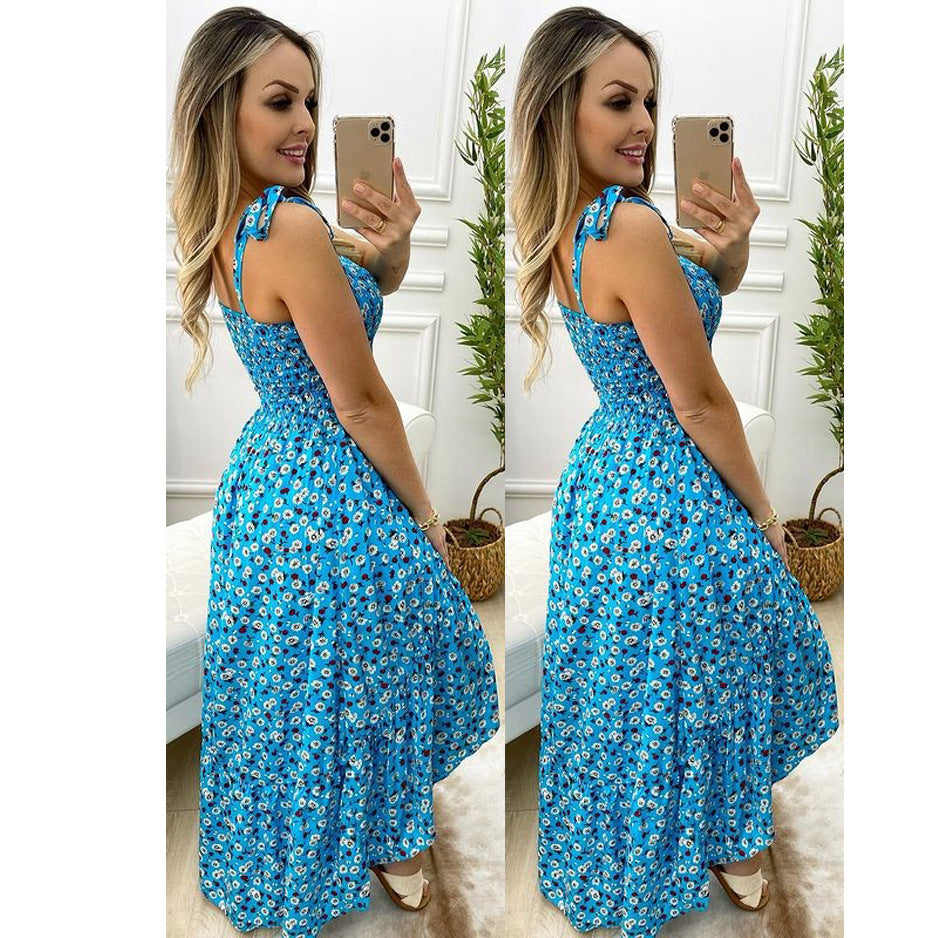 Women's Pleated Strap Floral Home Loose Lace up Large Swing Dress