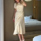 French High Grade Printed Elegant Dress for round Neck Short