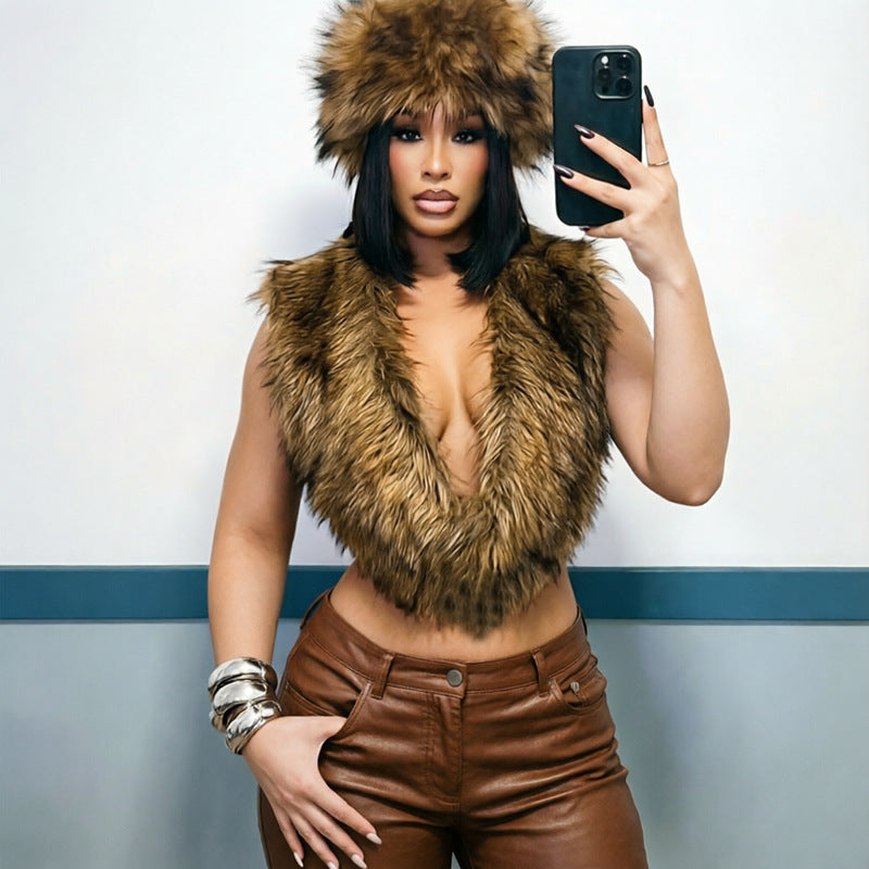 Women's Autumn Winter Sleeveless Furry Halter Bare Back Cropped