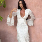 Spring Autumn Digital Printed Chiffon Dress Design Ruffled Bell Slee