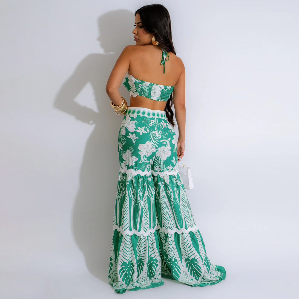Women's Lace Up Tube Top With Loose Wide Leg Pants Two Piece Set