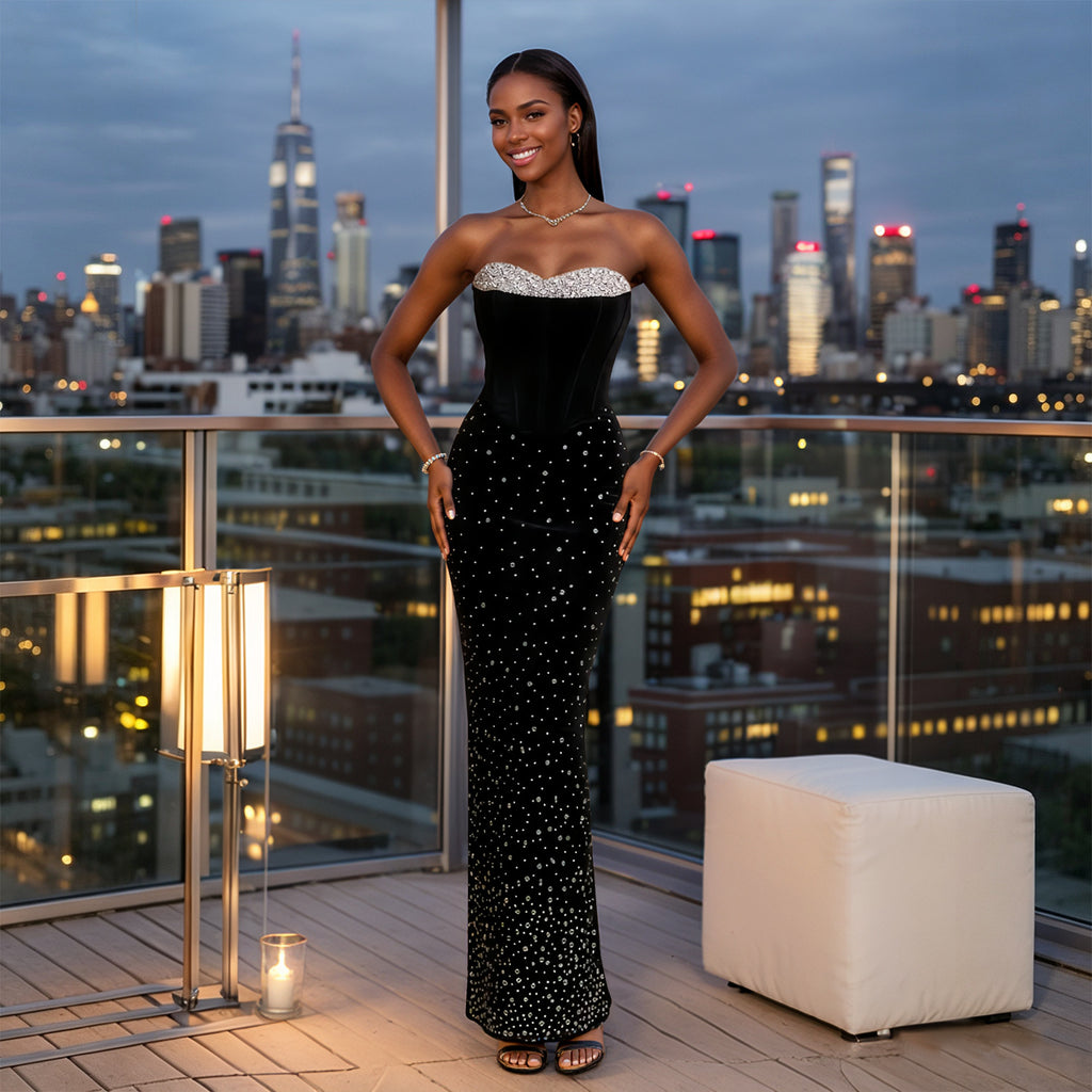 Women's Strapless Rhinestone Bodycon Maxi Dress