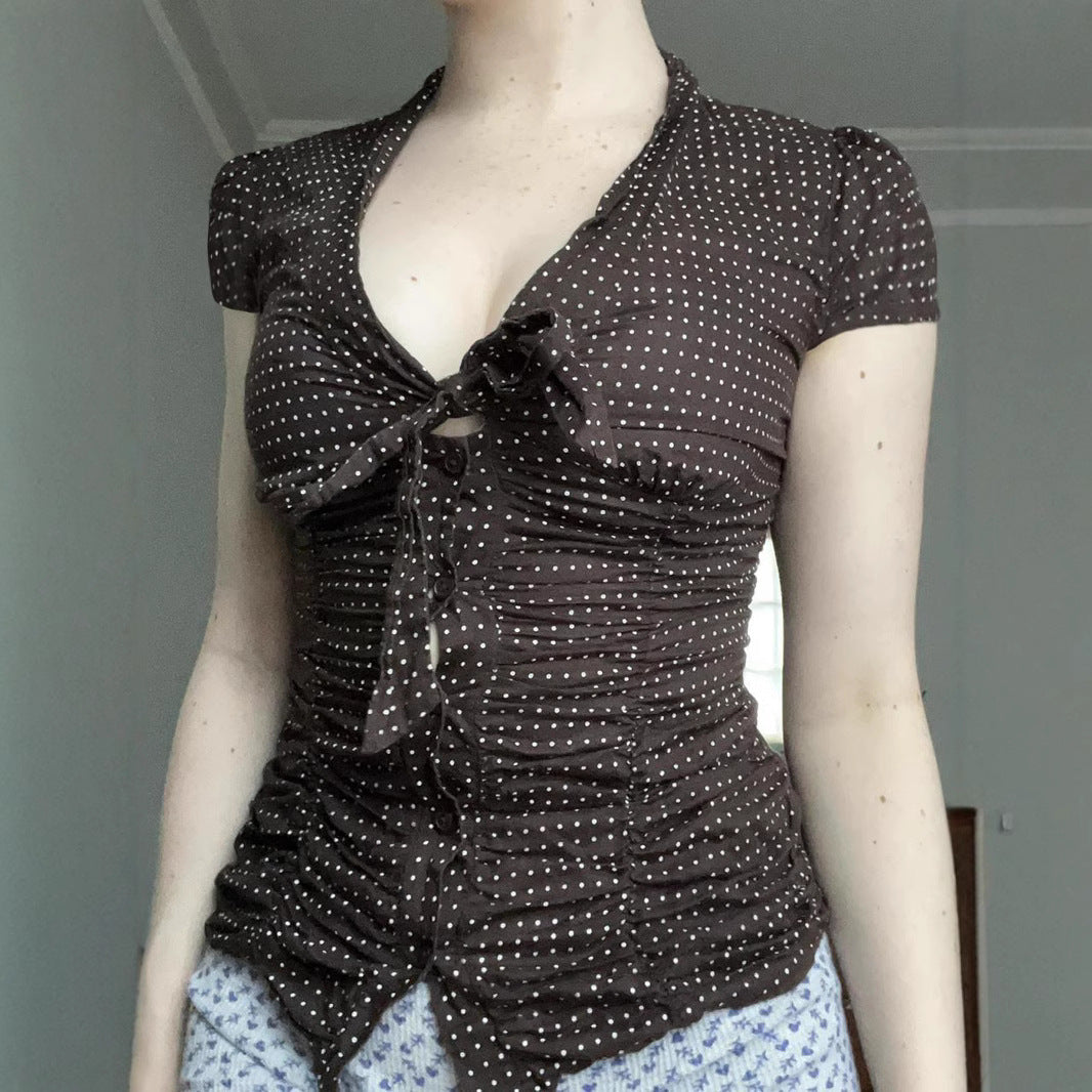 Women's Up Pleated Slim Fit Shoulder T-Shirt Polka Dot Short Sleeve