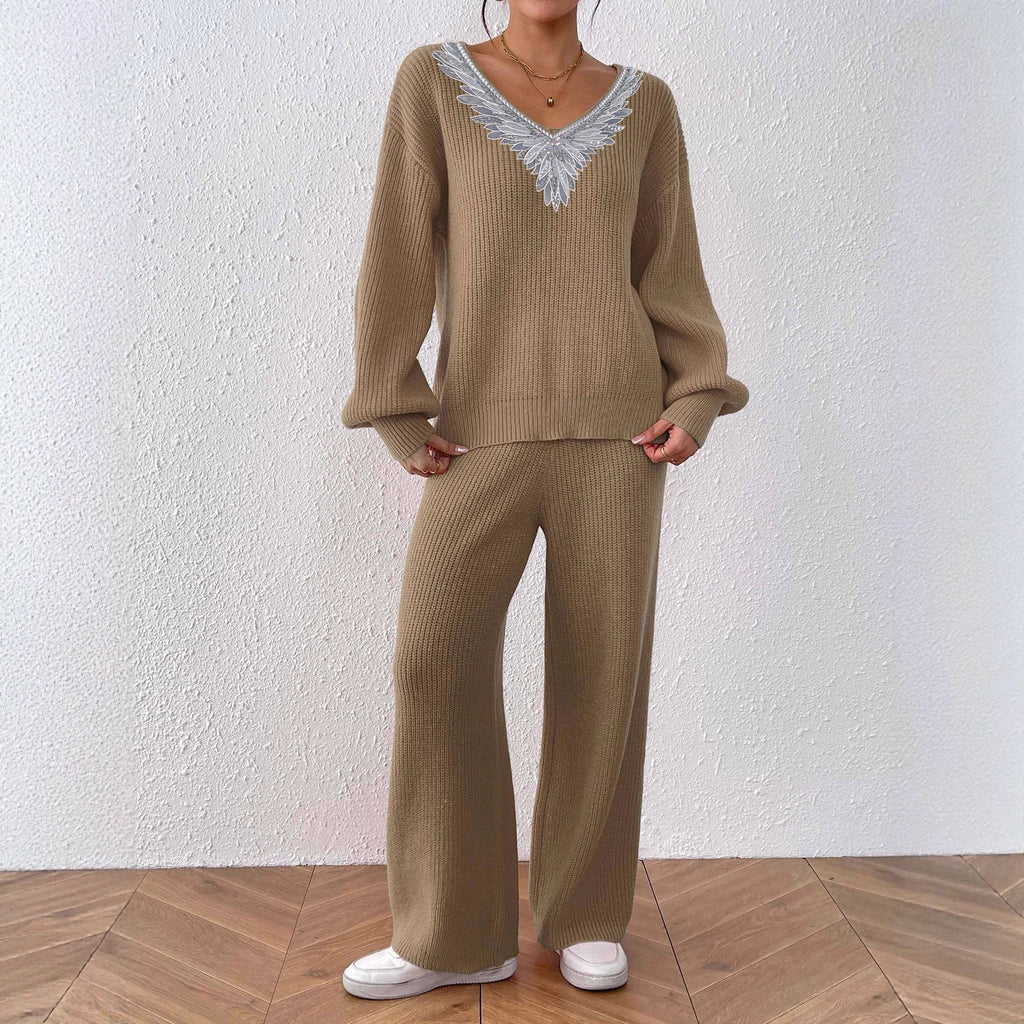 Women Simple Casual Wool V neck Loose Top Solid Color Wide Leg Straight Pants Two Piece Sweater
