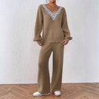 Women Simple Casual Wool V neck Loose Top Solid Color Wide Leg Straight Pants Two Piece Sweater