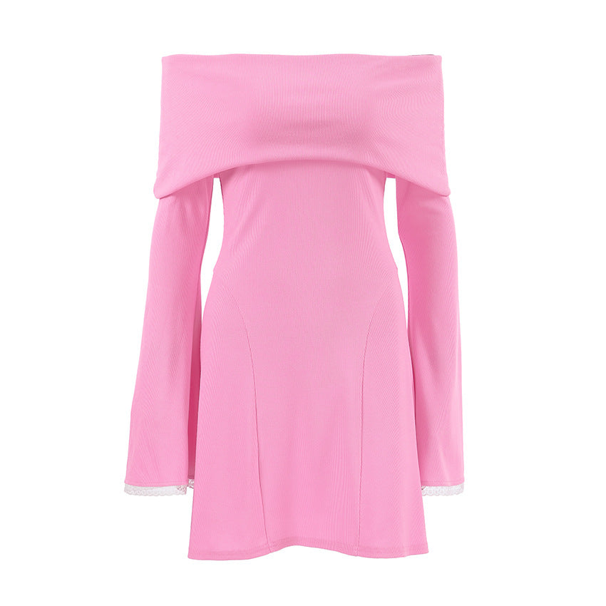 Pink Off-Shoulder Flare-Sleeve Knit Mini Dress