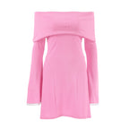 Pink Off-Shoulder Flare-Sleeve Knit Mini Dress