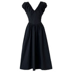 French Fitted Waist Backless V-Neck Dress Elegant Sleeveless Pleated
