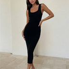Ribbed Square-Neck Sleeveless Knit Bodycon Midi Dress