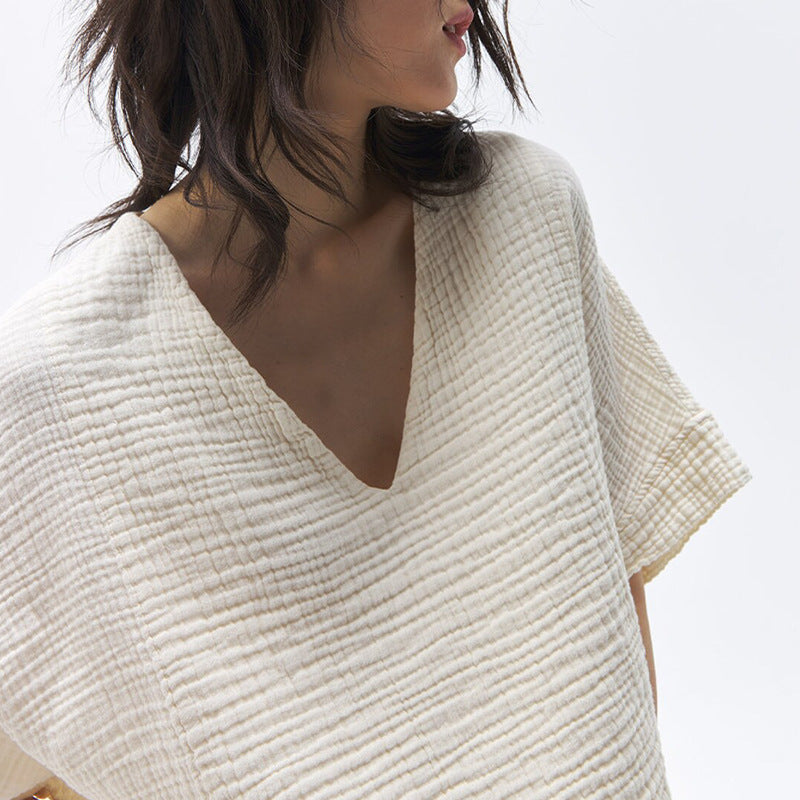 Women's Short Cotton Yarn V Neck T-Shirt Beauty Thin Loose Basic