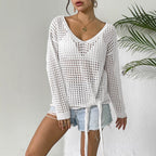 Women V neck Top Hollow Out Cutout-out Sun Protective Blouse Lace up Bow Long Sleeve Pullover Shirt Idle Loose Sweater