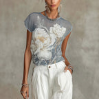 Summer Print Short Sleeve T shirt Women White Peony Thin
