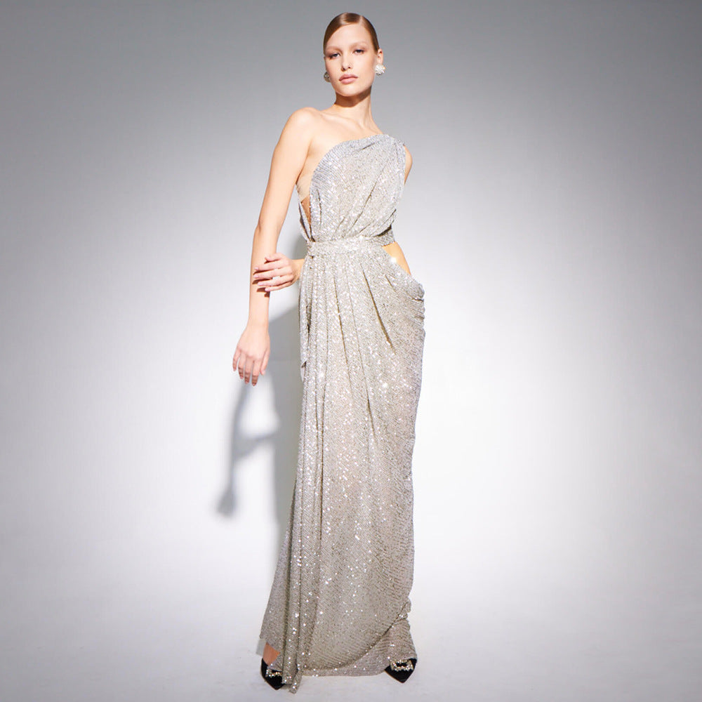 Summer Silver One-Shoulder Sequin Patchwork Slit Cropped Outfit Stretch Hip Formal
