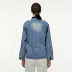 Multi Pocket Washed Zipper Decorations EW Women Denim Jacket