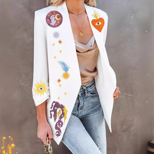 White fitted blazer with colorful celestial prints on sleeves and front