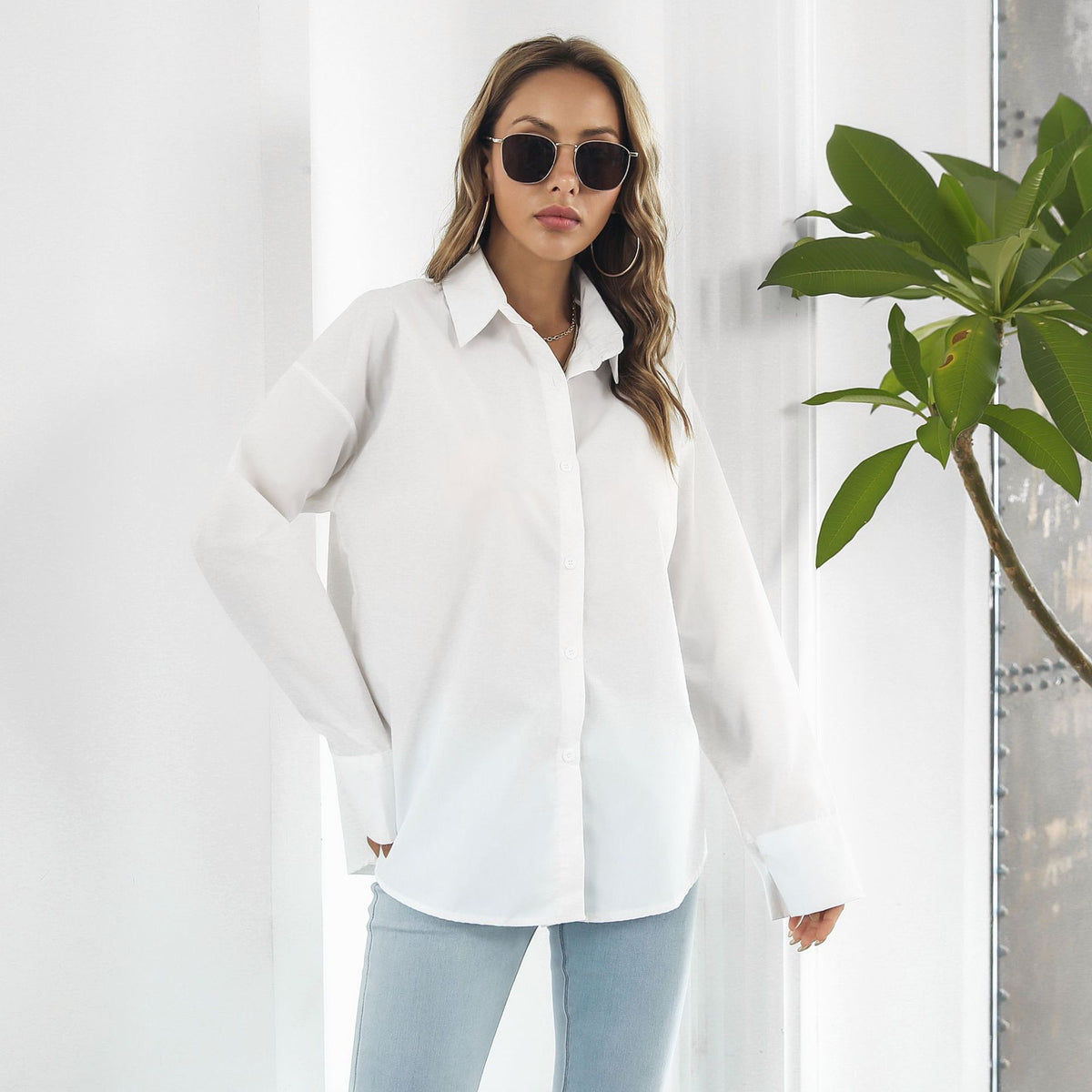 Women’s Black Cotton Loose Collared Long Shirt