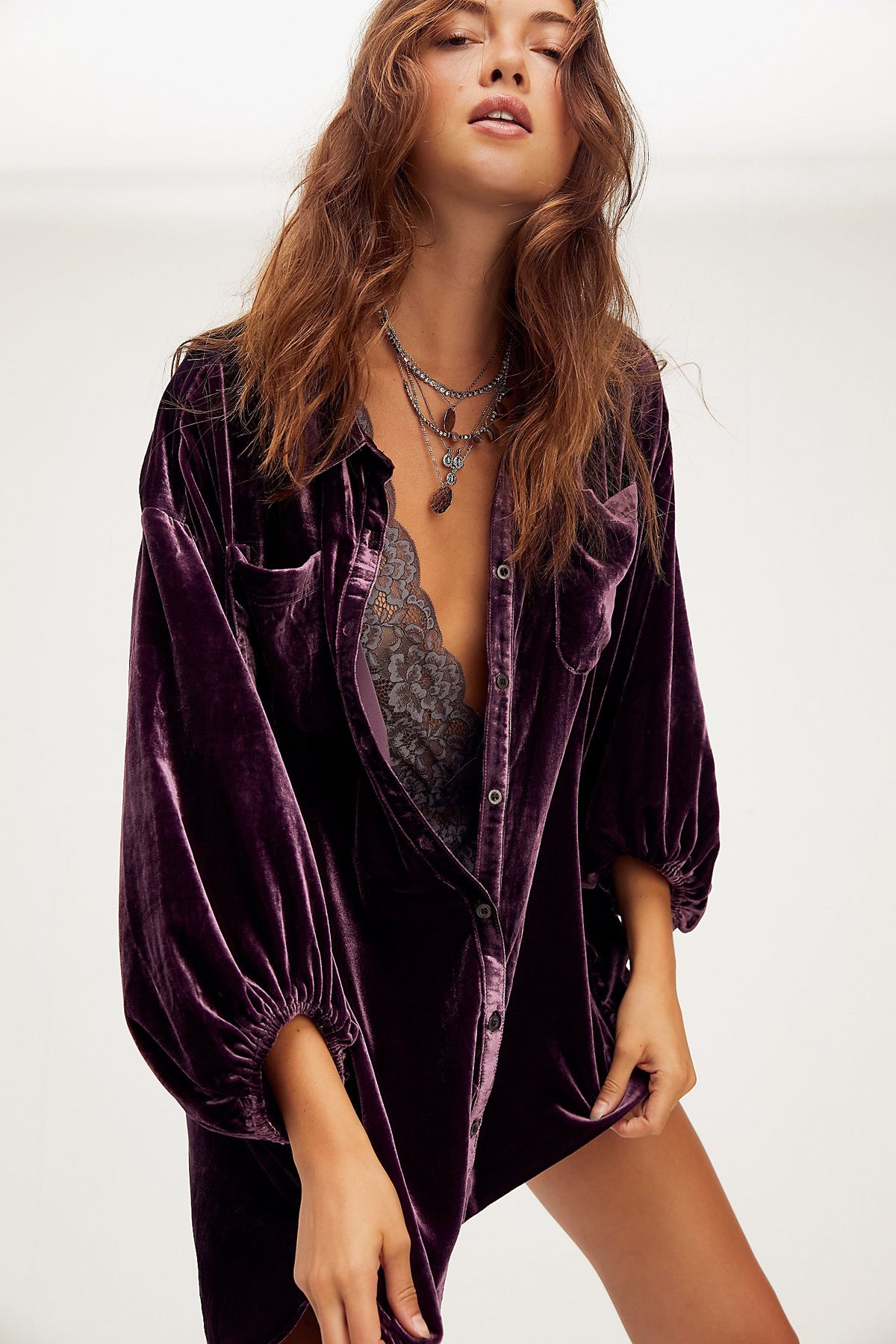Women's Autumn Winter Pleuche New Loose Lantern Sleeve Long Shirt Top