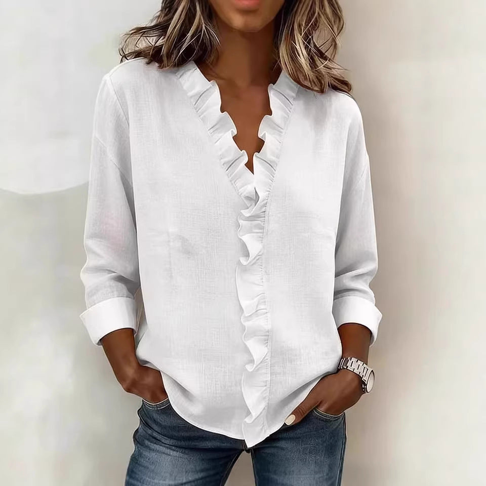 Women's Ruffle-Detail V-Neck Long-Sleeve Blouse