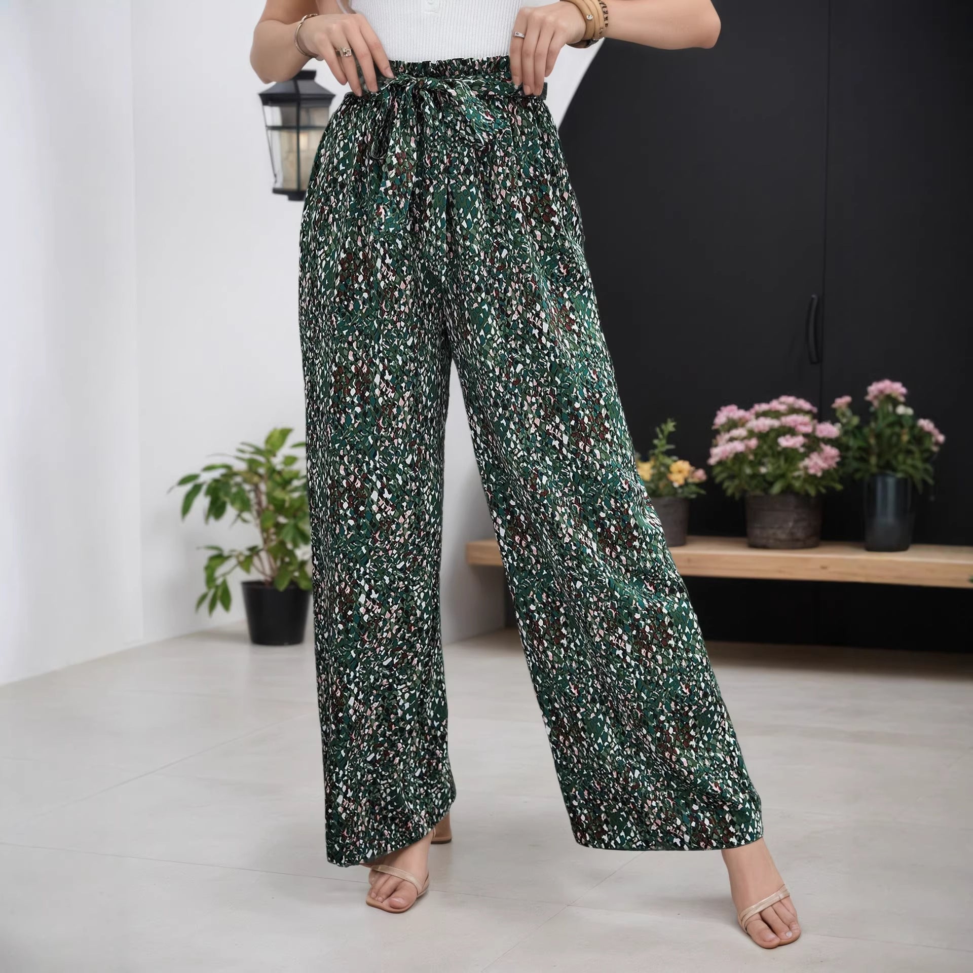 French Vintage Floral Bow Tied HW Drooping WL Pants Women