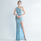 Women's Sequin Floral With Silk Satin Oblique Shoulder Beaded Fishtail Dress