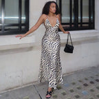 Black White Home Women Printed Halter Hip Low Cut V neck