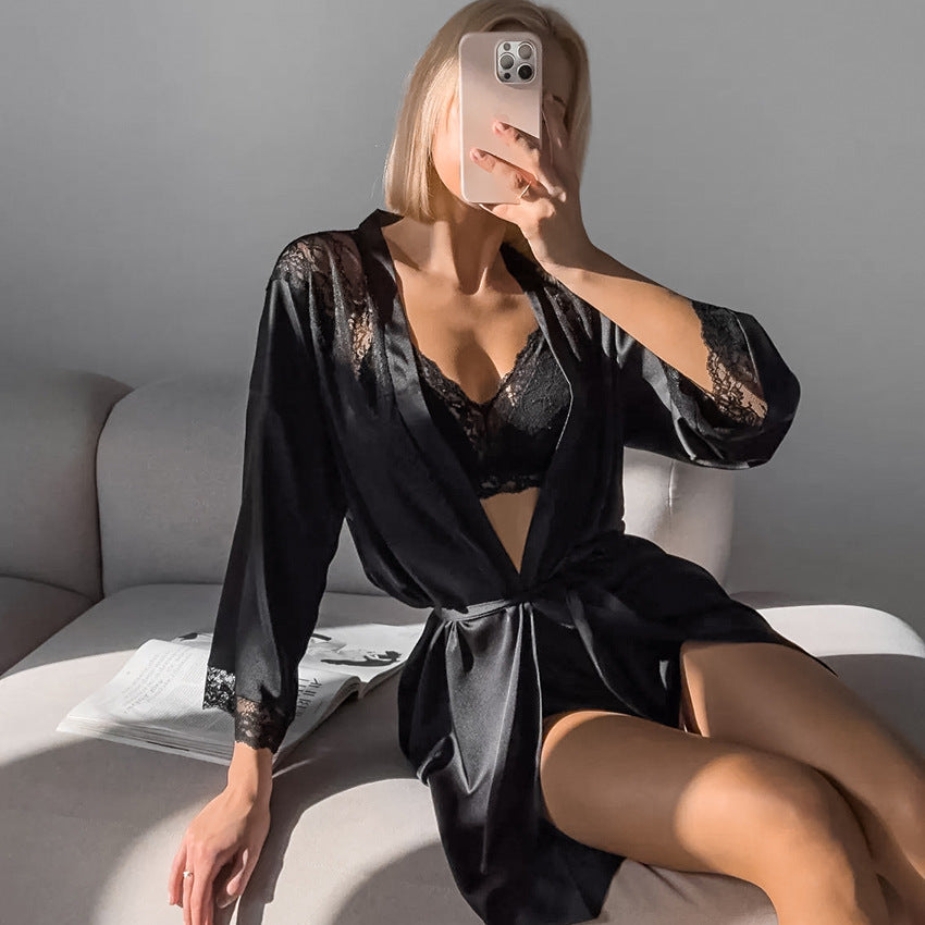 Autumn White Satin Stitching Lace Nightgown Cardigan Lace up Long Sleeve Shorts Women Homewear