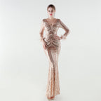 Women's Positioning Floral Sequin Order Ostrich Feather Long Sleeve Evening Dress