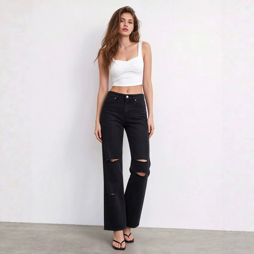 Women's Studded Black Straight-Leg Jeans