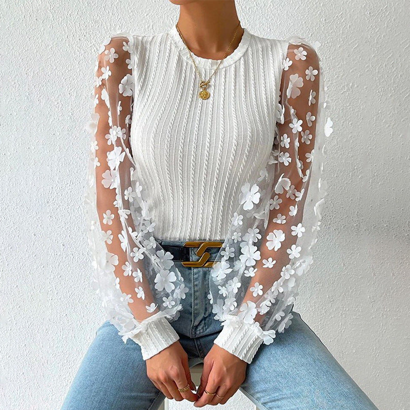 Women's Women Mesh Small Floral Chiffon Shirt Women Spring Summer Round Neck Slimming Pullover Long Sleeve Top