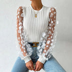 Women's Women Mesh Small Floral Chiffon Shirt Women Spring Summer Round Neck Slimming Pullover Long Sleeve Top