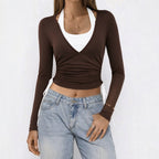 Women's Halter Faux Long-Sleeve T Shirt Back Lace Up Design Slim Fit Figure Flattering Graceful Tops Two-Piece Set
