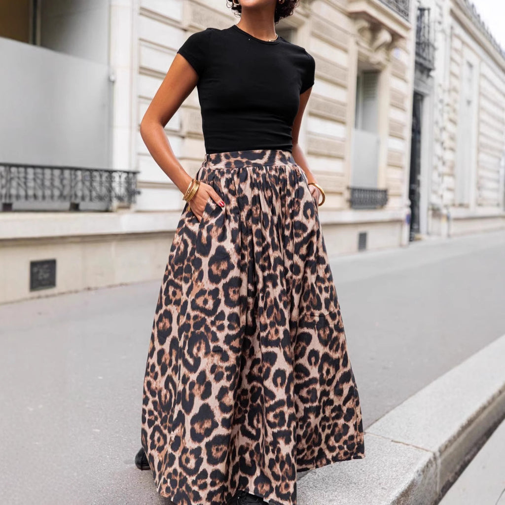 Spring Summer Leopard Print Pleated Puffy Skirt
