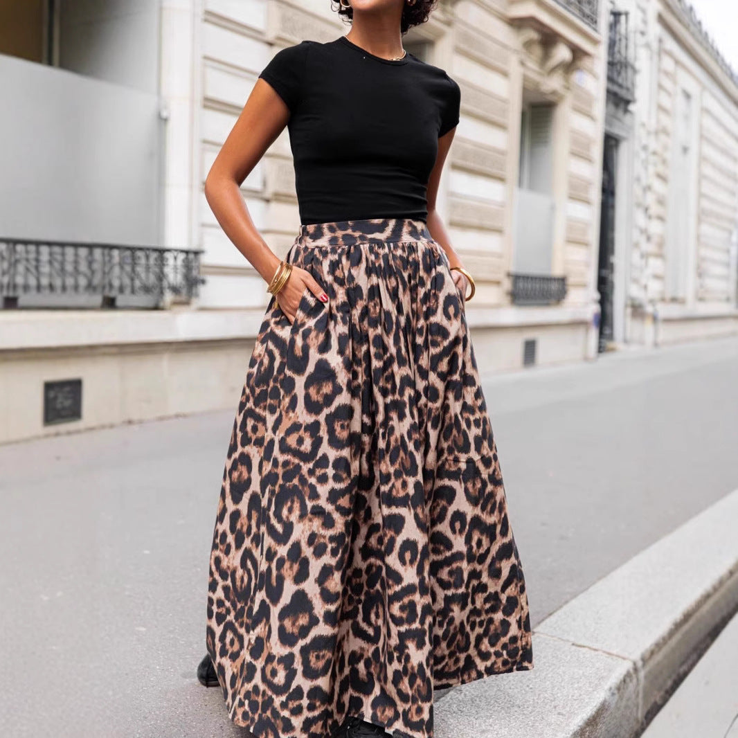 Spring Summer Leopard Print Pleated Puffy Skirt