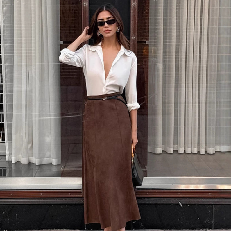 Autumn Winter Retro Knitted Brushed Velvet Khaki Slim Skirt