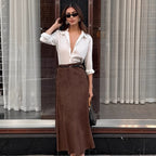 Autumn Winter Retro Knitted Brushed Velvet Khaki Slim Skirt