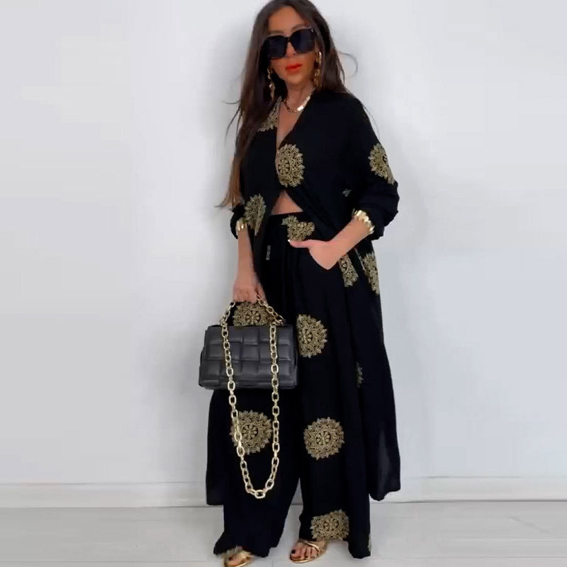 Elegant V-Neck Top Printed Wide Leg Pants Two Piece Set