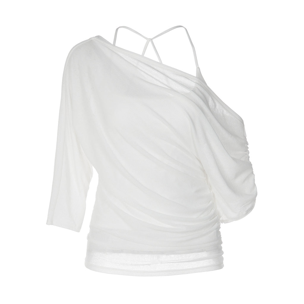 Women Clothing Summer Solid Color Oblique Shoulder Loose Blouse Camisole Two Piece Set