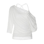 Women Clothing Summer Solid Color Oblique Shoulder Loose Blouse Camisole Two Piece Set