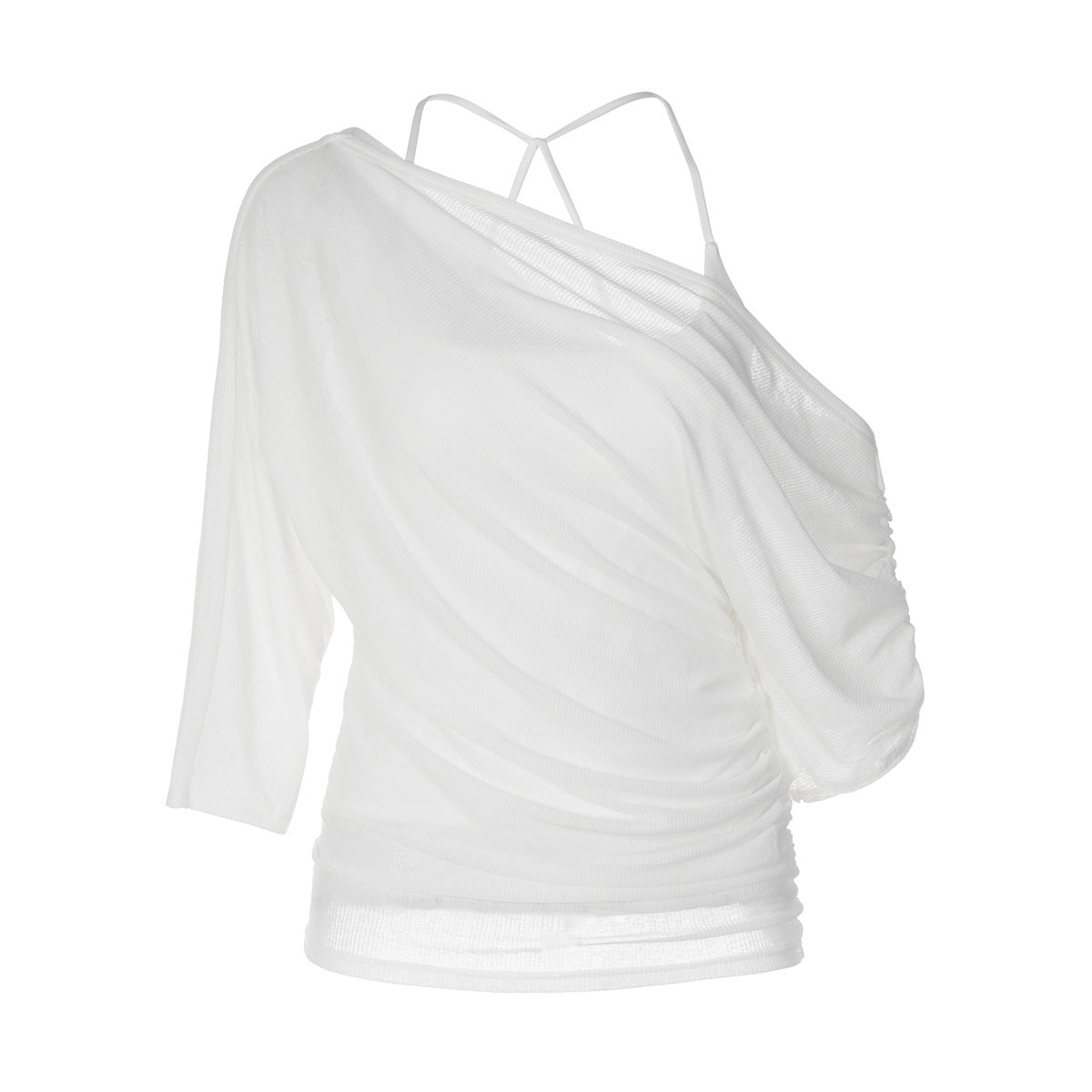 Women Clothing Summer Solid Color Oblique Shoulder Loose Blouse Camisole Two Piece Set