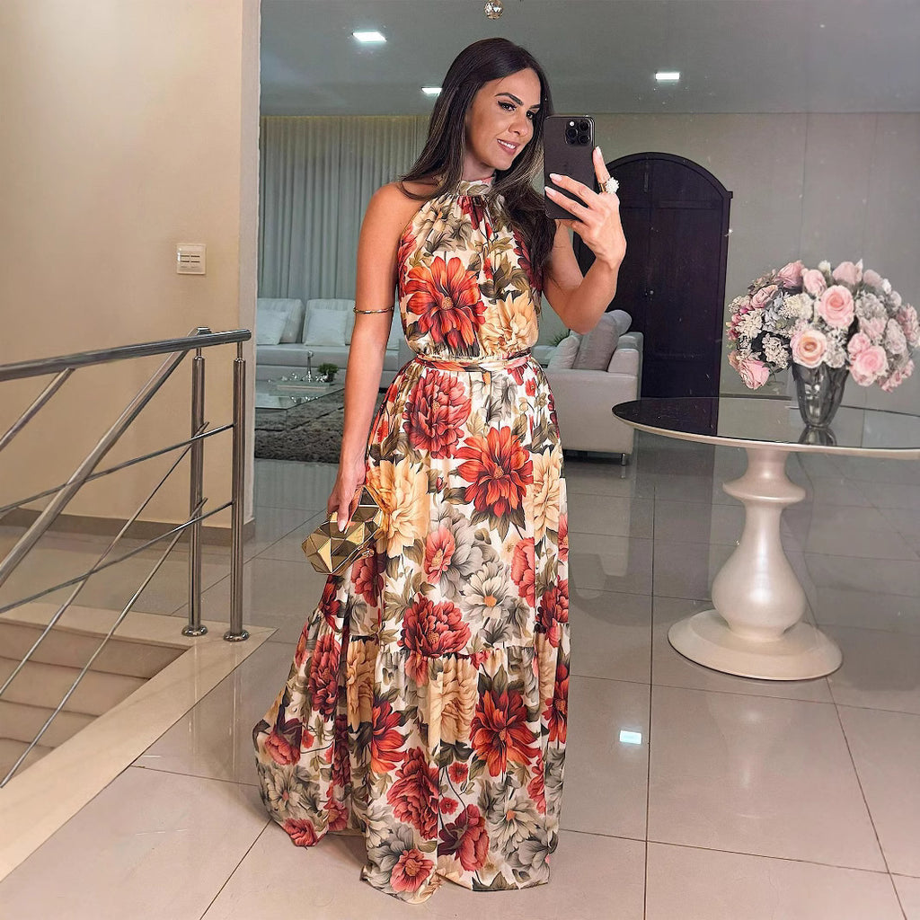 Floral Halter Belted A-Line Maxi Dress