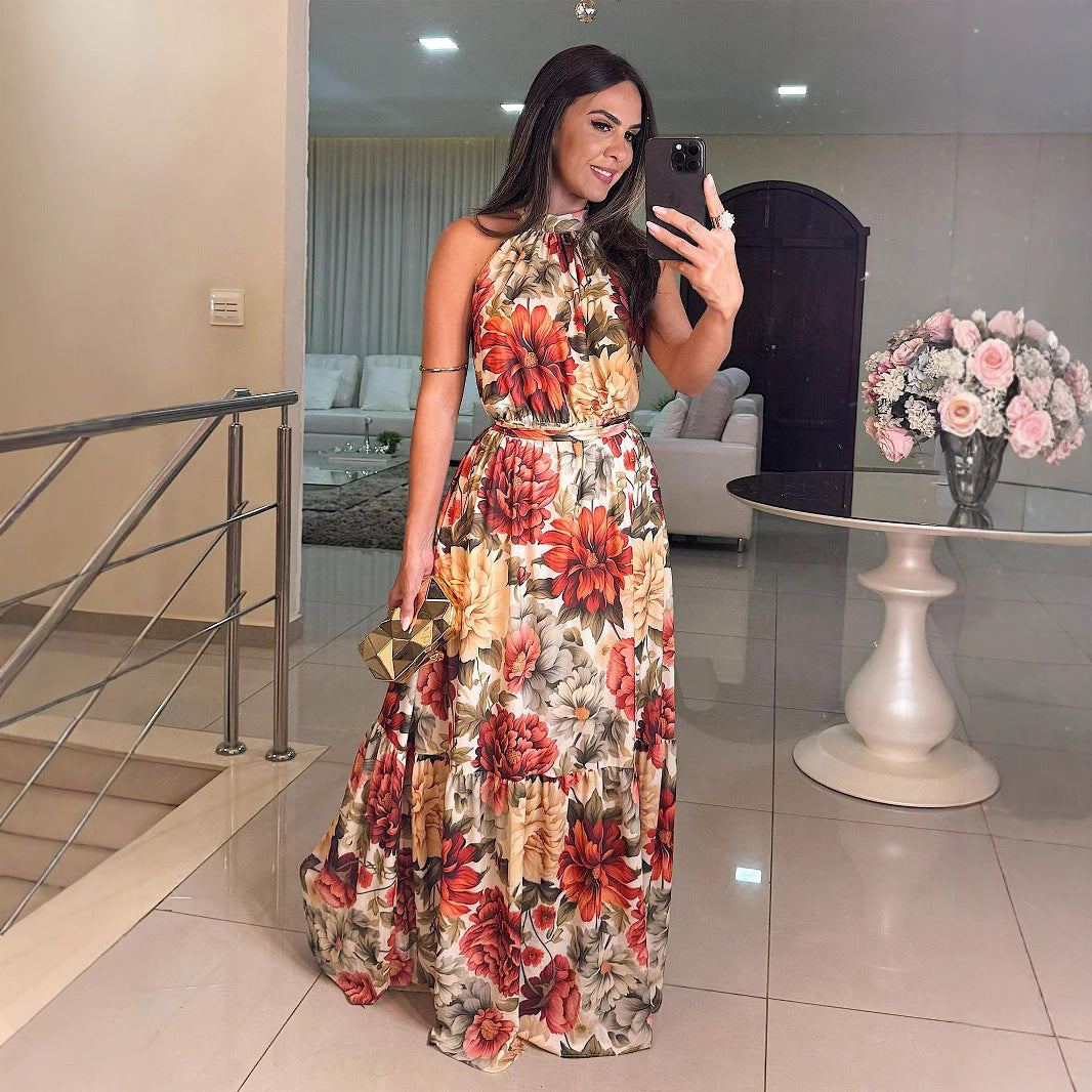 Floral Halter Belted A-Line Maxi Dress